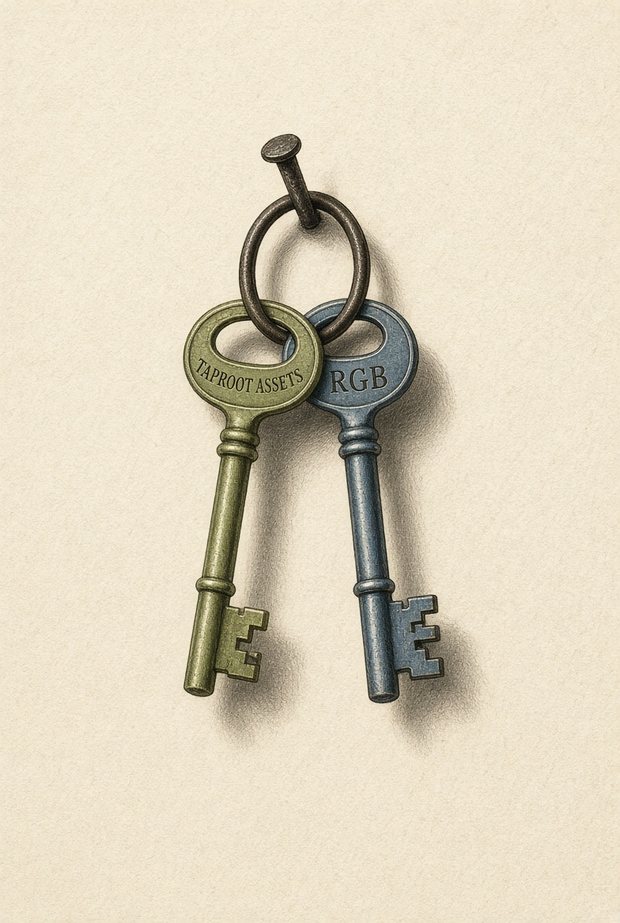 Two antique keys on one ring: an olive-green one engraved Taproot Assets and a steel-blue one engraved RGB, with differently shaped bits