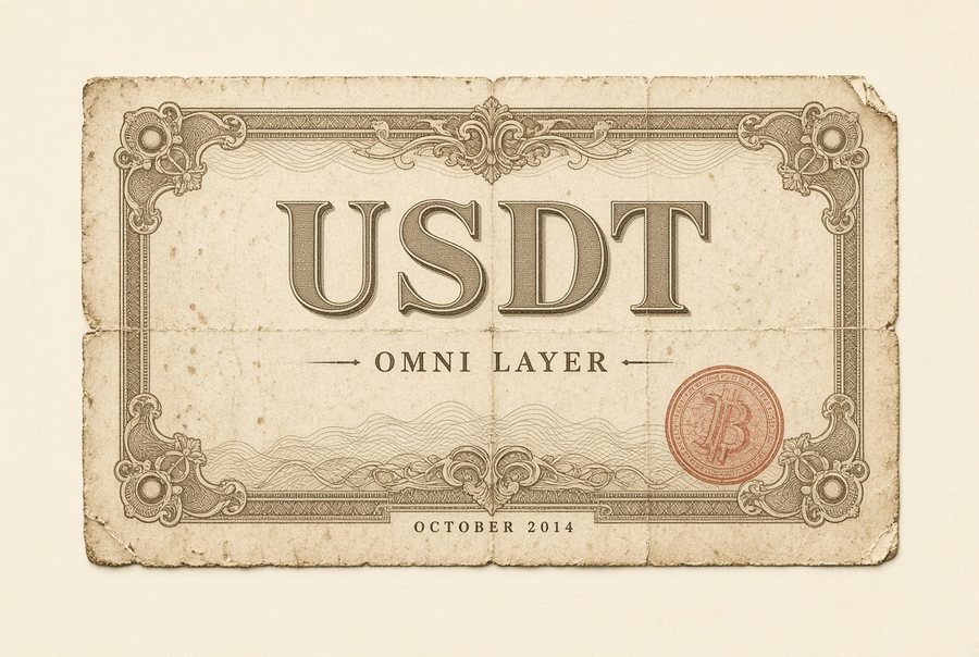 An aged engraved certificate reading USDT, Omni Layer, October 2014, with a red wax seal